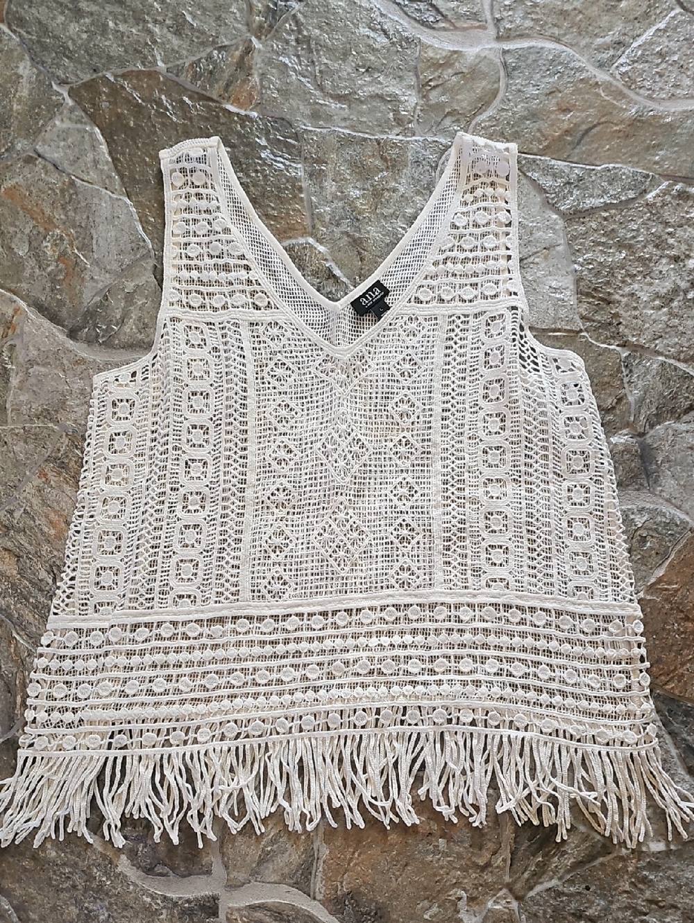 a.n.a White Crochet Fringe V-Neck Tank Top